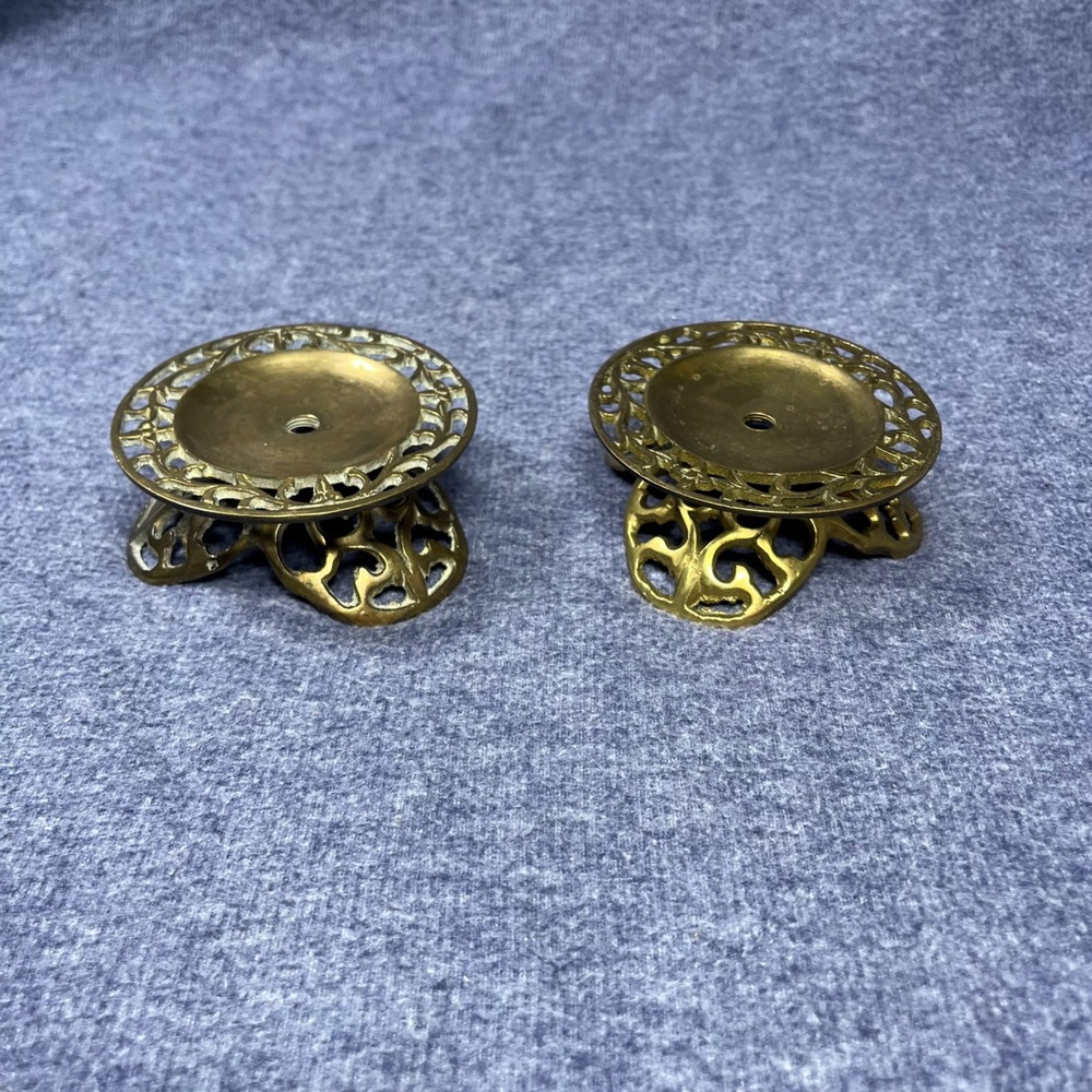 Vintage Brass Filigree Pedestal Stands Ornate Candle Holder Pair Set of 2